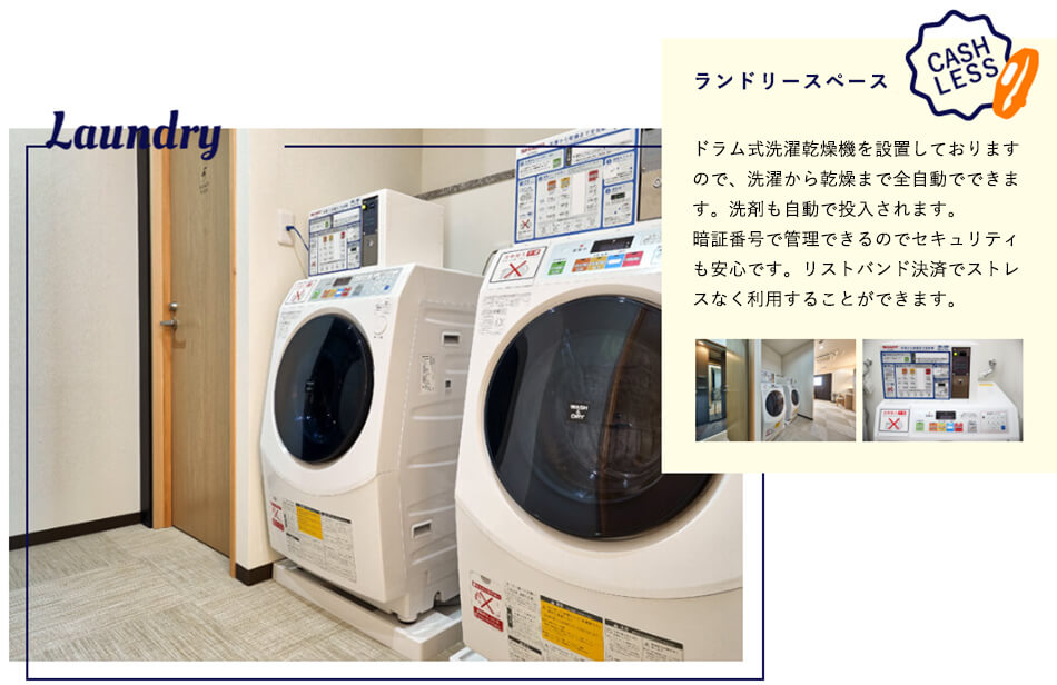 「ランドリースペース」ドラム式洗濯乾燥機を設置しておりますので、洗濯から乾燥まで全自動でできます。洗剤も自動で投入されます。
暗証番号で管理できるのでセキュリティも安心です。リストバンド決済でストレスなく利用することができます。